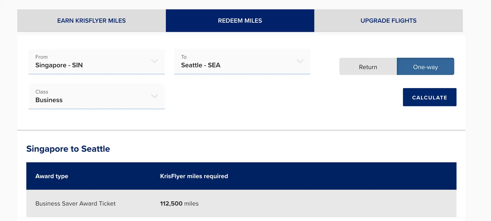 Singapore KrisFlyer published award chart (SQ-SINSEA-J)